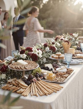 Mesa larga de entrantes para compartir en una celebración al aire libre, con invitados alrededor