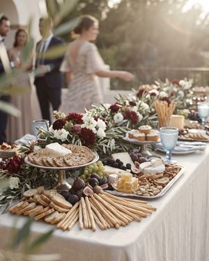 Mesa larga de entrantes para compartir en una celebración al aire libre, con invitados alrededor
